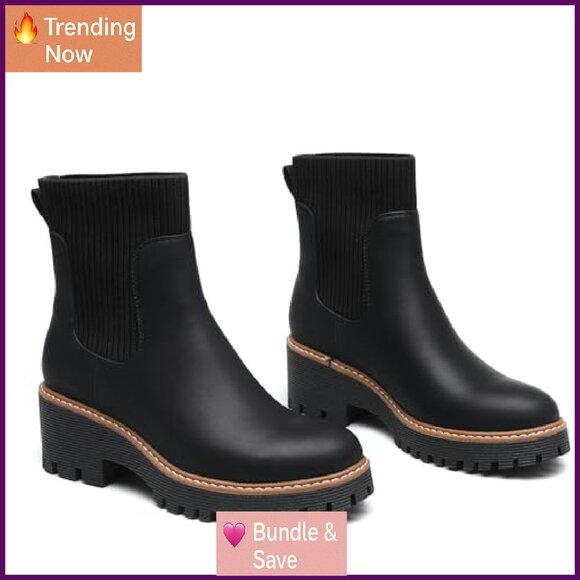 Platform Chelsea Boots Elastic Ankle Heel Lug Sole Chunky Booties - Picture 7 of 8